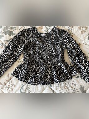 Black and White Animal Print Smocked Waist Blouse